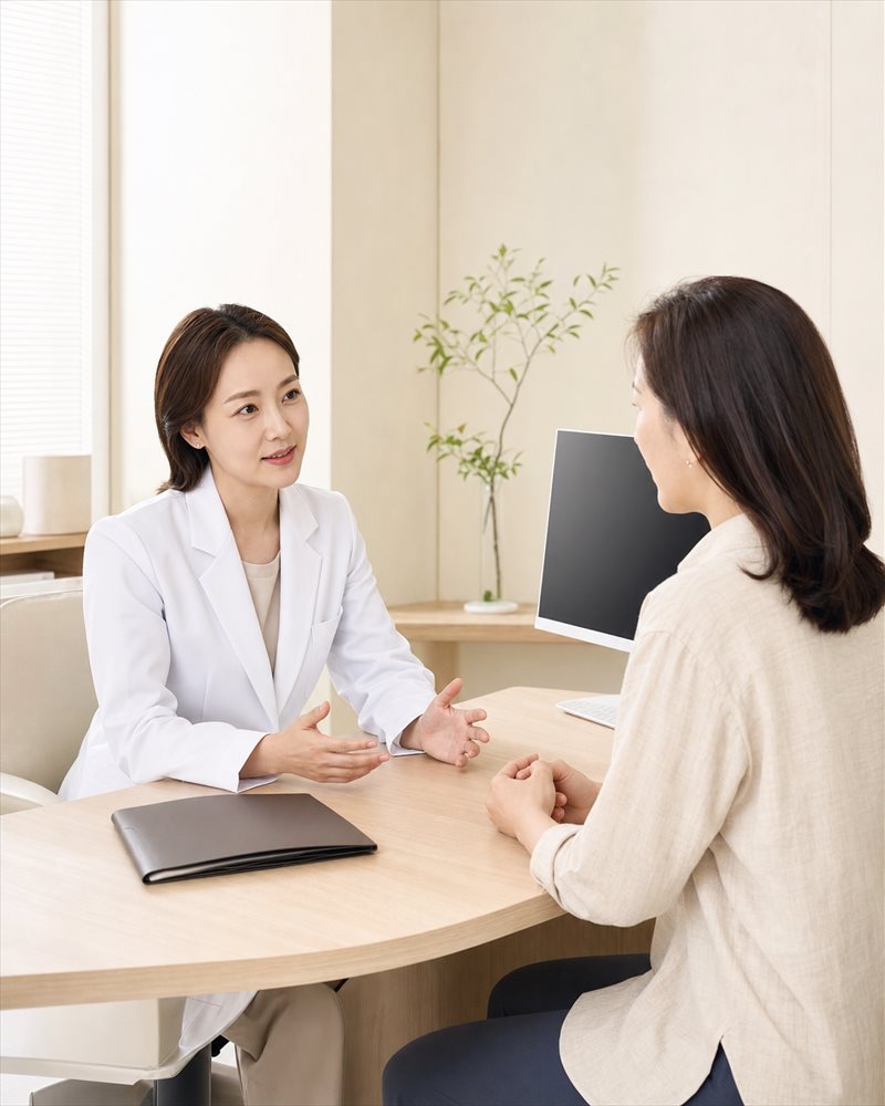 밝은 상담실에서 의료진과 내원객이 마주 앉아 있는 전경 컷