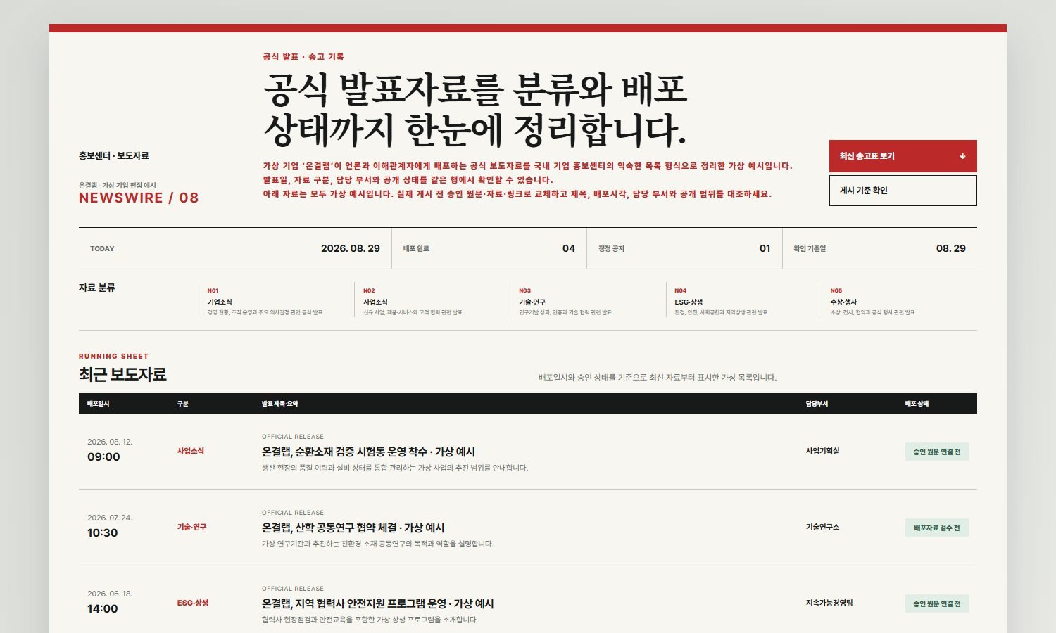 보도자료 목록·분류 블록 화면